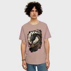 Футболка оверсайз мужская Мифический японский дракон, цвет: пыльно-розовый — фото 2