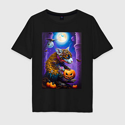 Футболка оверсайз мужская Чешуйчетый котяра - хэллоуин - ночь, цвет: черный