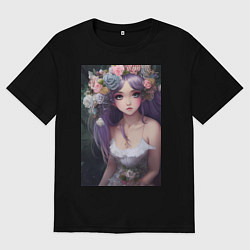 Футболка оверсайз мужская Девушка с розами, цвет: черный