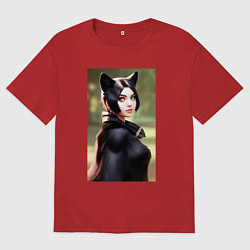 Футболка оверсайз мужская Девушка-кошка - нейросеть, цвет: красный
