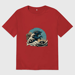 Футболка оверсайз мужская Годзилла в Большой волне у Канагавы, цвет: красный
