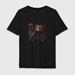 Футболка оверсайз мужская Медведь и цветы, цвет: черный