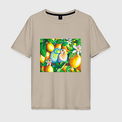 Футболка оверсайз мужская Попугаи в лимонах, цвет: миндальный