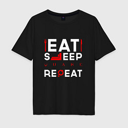 Футболка оверсайз мужская Надпись eat sleep Quake repeat, цвет: черный