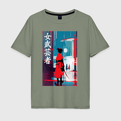 Футболка оверсайз мужская Онна-бугэйся - девушка-самурай - иероглифы - Япони, цвет: авокадо