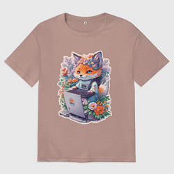 Футболка оверсайз мужская Лиса геймер за компьютером, цвет: пыльно-розовый