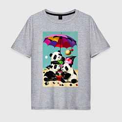 Футболка оверсайз мужская Три панды под цветным зонтиком, цвет: меланж