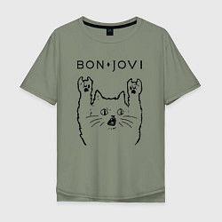 Футболка оверсайз мужская Bon Jovi - rock cat, цвет: авокадо