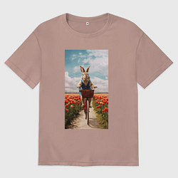 Футболка оверсайз мужская Заяц едет на велосипеде, цвет: пыльно-розовый