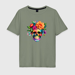 Футболка оверсайз мужская Череп с цветами в мексиканском стиле, цвет: авокадо