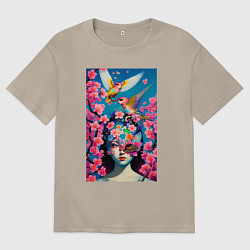 Мужская футболка оверсайз Японская девушка с птицами и цветущей сакурой