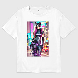 Футболка оверсайз мужская Cyberpunk - cat girl - neural network, цвет: белый