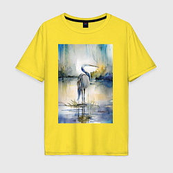 Футболка оверсайз мужская Цапля на озере - акварель - нейросеть, цвет: желтый