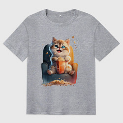 Футболка оверсайз мужская Веселый котик с попкорном, цвет: меланж