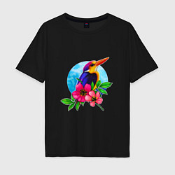 Футболка оверсайз мужская Тропическая птица в цветах, цвет: черный