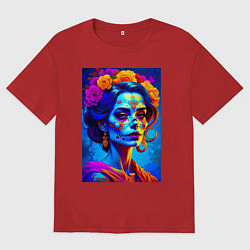 Футболка оверсайз мужская Женщина с макияжем на Хэллоуин - нейросеть, цвет: красный