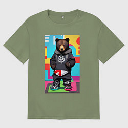 Футболка оверсайз мужская Прикольный мишутка - поп-арт - нейросеть, цвет: авокадо