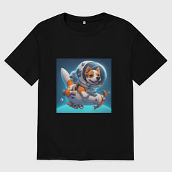 Футболка оверсайз мужская Песик на космическом корабле, цвет: черный