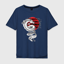 Футболка оверсайз мужская Тату японский дракон с красным солнцем, цвет: тёмно-синий