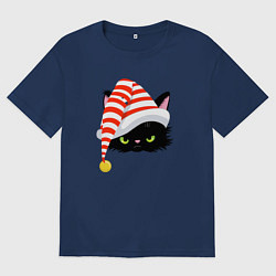 Футболка оверсайз мужская Новогодний черный кот в новогоднем колпаке, цвет: тёмно-синий