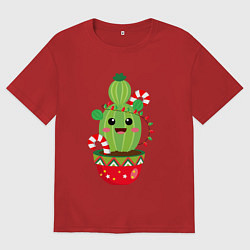 Футболка оверсайз мужская Новогодний кактус, цвет: красный