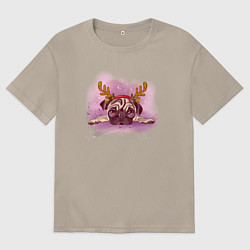 Футболка оверсайз мужская Мопс новогодний, цвет: миндальный