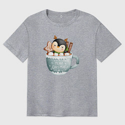 Футболка оверсайз мужская Пингвин в новогодней кружке, цвет: меланж