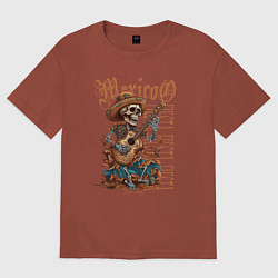 Футболка оверсайз мужская Мексика фиеста и скелет с гитарой, цвет: кирпичный