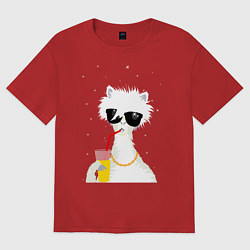 Футболка оверсайз мужская Лама - альпака с бокалом, цвет: красный