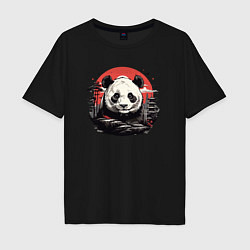 Футболка оверсайз мужская Панда с красным солнцем, цвет: черный