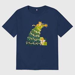 Футболка оверсайз мужская Рыжий кот на ёлке и гирляндами и звездой подарки, цвет: тёмно-синий