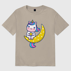 Футболка оверсайз мужская Единорог на луне, цвет: миндальный