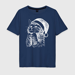 Футболка оверсайз мужская Котёнок в новогодней шапке, цвет: тёмно-синий