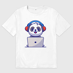 Футболка оверсайз мужская Панда за ноутбуком, цвет: белый
