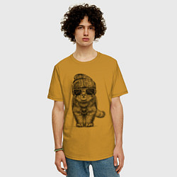 Футболка оверсайз мужская Котенок манул хипстер, цвет: горчичный — фото 2