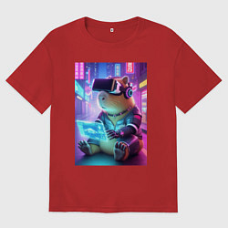 Футболка оверсайз мужская Геймер капибара - неоновое свечение, цвет: красный