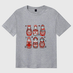 Футболка оверсайз мужская Шесть матрешек в стиле мезенской росписи, цвет: меланж