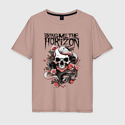 Футболка оверсайз мужская Bring Me the Horizon - A skull with roses, цвет: пыльно-розовый