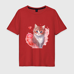 Мужская футболка оверсайз Кошка в красных сердечках