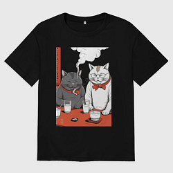 Футболка оверсайз мужская MoMo - Смеющиеся коты в японском стиле, цвет: черный