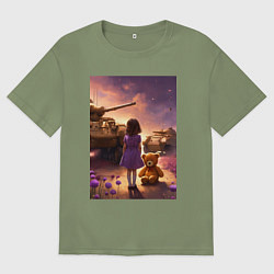 Футболка оверсайз мужская Маленькая девочка посреди танков, цвет: авокадо