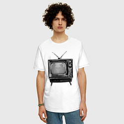 Футболка оверсайз мужская Старый телевизор черно-белый шум и череп, цвет: белый — фото 2
