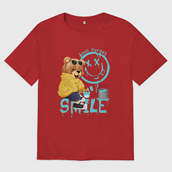 Футболка оверсайз мужская Плюшевый медведь и смайлик, цвет: красный
