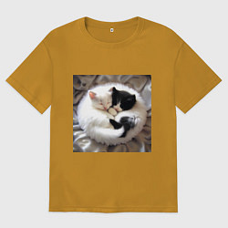 Футболка оверсайз мужская Два любящих котика обнимаются клубочком, цвет: горчичный
