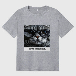 Футболка оверсайз мужская Мем кот в очках: шерсть это приправа, цвет: меланж