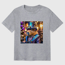 Футболка оверсайз мужская Мем капибара в цилиндре стиль стимпанк, цвет: меланж