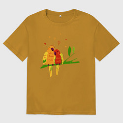 Футболка оверсайз мужская Пара влюбленных попугаев на ветке, цвет: горчичный