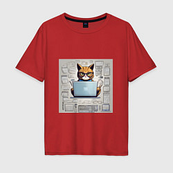 Футболка оверсайз мужская Кот программист за ноутбуком, цвет: красный