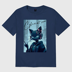 Футболка оверсайз мужская Cybercat 2099 - ai art, цвет: тёмно-синий