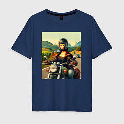 Футболка оверсайз мужская Mona Lisa on a motorcycle - ai art, цвет: тёмно-синий